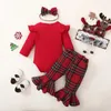 Ensembles de vêtements de Noël pour bébé fille, barboteuse côtelée à manches longues avec pantalon évasé à carreaux et bandeau à nœud