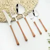 Dinnerware Sets Mirror 6set Gold Stainless Steel Set Wooden Texture Tableware Western Knife Fork Teaspoon Flatware Cake