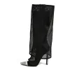 Boots Liyke Sexy Metal Pointed Toe Black Mesh Knee High Boots Sandals Women Zip Fashion Rhinestone High Heels Shoes Female Botas Mujer