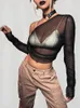 Summer Sexy Off Shoulder Diagonal Neck Long Sleeve Mesh Perspective Solid Color T-Shirt Spicy Girl 230721