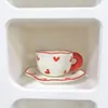 Tumblers Ins Style Coffee Tea Milk Mug With Dish Set Ceramic Cups Red Heart Pattern Cute Gift For Girls Drinking