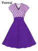 Бальные платья Tonval, синее полосатое лоскутное летнее платье трапециевидной формы с высокой талией для женщин 2024, однобортное винтажное платье с v-образным вырезом 2024