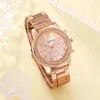 Wristwatches 6PCS Set Rose Gold Luxury Watch Women Ring Necklace Earring Rhinestone Fashion Wristwatch Casual Ladies Bracelet Watches