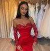 Red Satin Evening Dress Off The Shoulder Long Sleeves Pleat With High Slit Prom Gowns Sexy Sheath Formal Party Dresses