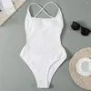 Mulheres Swimwear Sexy 3 Cores Backless Alta Perna Corte Mulheres One Piece Swimsuit Feminino Nervuras Acolchoadas Bathing Terno Swim Lady V2944SW