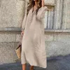 Casual Dresses Women Cotton Linen Dress Elegant V-neck Summer With Button Decoration Breathable Long Sleeve Loose For Any