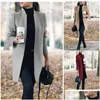 Womens Trench Coats Inverno Khaki Casaco para Mulheres Lapela Lapela Bolso Lã Pano Poliéster Mistura de Lã Oversize Long Outwear 5Xl Drop de Dhgpv