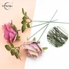 Decorative Flowers 1set Artificial Pole Iron Wire Silk Roses Leaf For Wedding Home Decor DIY Wreath Gifts Scrapbooking Craft Fake Plants