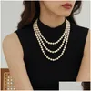 Beaded Necklaces Fashion Ladies Glass Pearl Beaded Necklaces Female Temperament Double-Layer Long Necklace Jewelry Sweater Chain Acces Dhu9Z