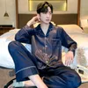 200 Catties Ice Silk Long Sleeves Nightwear Men Pyjamas Set Spring Autumn Leopard Grain Lounge Satin Male Sleep Clothing Night S 240326