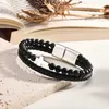 Chain Vnox Cross Armbanden voor Mannen Jongens Natuurlijke Zwarte Steen Kralen Polsband Gevlochten PU Lederen Bangle Religieuze Christus Sieraden Q240401