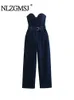 Nlzgmsj TRAF Denim Jumpsuit For Women Strapless Sleeveless High Waist Solid Wide Leg Pants Female Clothes Streetwear 240326