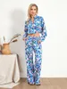 Calças femininas de duas peças Mulheres Casual 2 Outfits Define Moda Manga Longa Envoltório Lapela Camisa e Conjunto Loungewear Pijama Terno