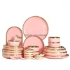 Plats Assiettes Rose avec incrustation d'or Ensemble en céramique Style nordique servant pour le dîner Vaisselle en porcelaine de luxe Livraison directe Accueil G Dhvqt