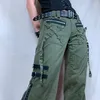 Dżinsowe dżinsy Combhasaki Kobiety jesienne spodnie towarowe punkowe lungowe vintage spodni kawaii nisk-pucha zamek błyskawiczny swobodne breski na zielony