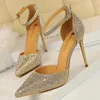 Mulheres sexy 10cm sandálias de salto alto casamento glitter nupcial champanhe ouro bombas fetiche stiletto cristal cinta sapatos 240311