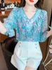 Женские блузки из шифона с цветочным принтом для женщин, летняя рубашка с коротким рукавом 2024, рубашка во французском стиле с v-образным вырезом, свободные топы Blusas, закрывающие живот