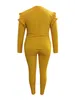 4XL 5XL LW grande taille à la mode col en V rayé jaune deux pièces pantalon ensemble printemps femmes basique plaine volants femme correspondant costume 240320