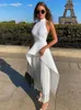 Work Dresses 2024 White Black Two Piece Skirt Set Sexy Backless Turtleneck Bandage Tops & High Waist Pleated Maxi Dress Fashion Party