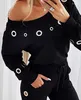 Women's Two Piece Pants Set Women Outfit 2024 Spring Skew Neck Long Sleeve Eyelet Top & Casual Plain Pocket Design Daily