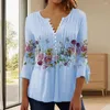 Damesblouses Damesblouse Bloemenprint V-hals Half Single-breasted Dame Zomeroverhemd Driekwart mouwen Strakke taille Losse zoom Dames