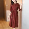 Casual Dresses Women Wine Elegant Real Silk Dress O-Neck Chic Party A-Line Folds Summer For Office Big Swing Vestido