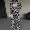 Women's Two Piece Pants Casual Long Sleeve Loose High Street 2Pc Outfits Vintage Pattern Print Wome Shirt Sets Elegant Lapel Button Top &