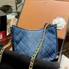 24P Dégradé Bleu Designer Denim Fourre-tout Pochette Chaîne Poignée Or Matériel Diamant Treillis Femmes Épaule Cross Body Sac À Main Haute Capacité Casual Hobo 22x16 cm