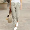 Active Pants Beige Solid Casual Basic High Waist Linen Wide Leg Loose Women's Korean Fashion Ankle-Length For Women 2024 Spring