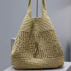 Sac à main en paille de styliste au crochet, portefeuille de grande capacité, sac fourre-tout d'été, sac de plage, week-end, voyage, shopping, sac à bandoulière, sac à main, matériel en métal, lettre