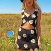 allukasa 2 Pieces Knitted Skirt Set for Women Sleeveless Y2k Cami Tank Crop Top Crochet Floral Mini Summer Beach Dress 240329