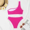 Women's Swimwear Single Shoulder Bikini Set 2024 Womens Swimwear Solid Swimwear Womens Swimwear Summer Beach Suit J240330