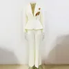 Women's Two Piece Pants White Outfits Women 2024 Designer Handmade Beads Flower One Button Bussines Blazer Flare Set Pieces Formal Suits