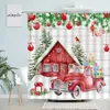 Shower Curtains Christmas Curtain Green Pine Branch Red Truck Xmas Ball Trees Snowflake Vintage Grey Wooden Board Year Bathroom Decor