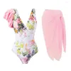 Women's Swimwear Irregular Beachwear Set Stylish Floral Print One-piece Swimsuit With Chiffon Cover Up Skirt V-neck For Female