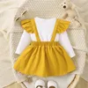 SHUING Peuter Baby Meisje Valentijnsdag Outfits Beer Borduren Aline Jurk Lange Mouw Ruche Ronde Hals Prinses Rok 240326