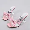 Dress Shoes 2024 New Style Women Slippers Sandals Fashion Pearl Bowknot High Heels PVC Transparent Shoes Summer le Slides Pumps H240401