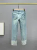 Damenjeans Hellblau knöchellang für Frauen 2024 Frühlingskante Locken Bohren gerade Hosen Stretch High Waist Denim Hose