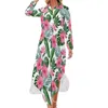 Vestidos casuais floresta palmeira folhas vestido floral e flamingo impressão estilo rua manga longa kawaii v pescoço tamanho grande chiffon