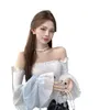 Pure Desire, Sweet Splicing, One Shoulder Top, Women's Early Autumn New Style Wood Ear Edge Chiffon Shirt, Sexy Slim Fit And Slimming Shirt