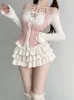 Work Dresses Sweet White Pink Womens Outfirs Sexy Lolita Style Vest & Long Sleeved Shirt Ruffled Tutu Skirt Sets Femme Three Piece Set