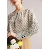 Women's Blouses Women Pullover Shirt 2024 Spring Summer 93%Mulberry Silk Blouse O Neck Long Sleeve Dense Flower Pattern Casual Top