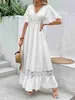 Podstawowe sukienki swobodne eleganckie solidne białe długie sukienki damskie ubranie bohemia pusta rąbek seksowne krótkie rękawy wysokie talia na plaży Maxi yq240402