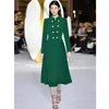 Sıradan Elbiseler 2024 Bahar Markası Moda Moda Stil Ordusu Yeşil Stand Yakası Çift Kelime Düğmesi Pileli Midi Hendek Elbise Ofisi