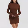 Lässige Kleider für Damen, modisch, Rundhalsausschnitt, einfarbig, langärmelig, sexy, gewickeltes Hüftkleid, schmale Passform, koreanischer Stil, glamourös