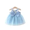 Flickaklänningar 2024 Summer Big Bow Mesh Sling Vest Dress for Girls Sparched