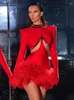 Casual Dresses VC High Quality For Women Luxury Crystal Feathers Red Bandage Mini Dress Cocktail Party Nightclub