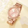 Wristwatches 6PCS Set Rose Gold Luxury Watch Women Ring Necklace Earring Rhinestone Fashion Wristwatch Casual Ladies Bracelet Watches