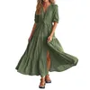 Casual Dresses Womens Summer Short Sleeves V Neck Button Drawstring Maxi Layer Ruffle Solid Color Boho T Shirt Dress For Women