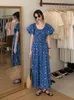 Partykleider Gaganight Frauen Blau Französisch Blumenmuster Kleid Damenbekleidung 2024 Sommer Elastischer Bund Abnehmen Knielang